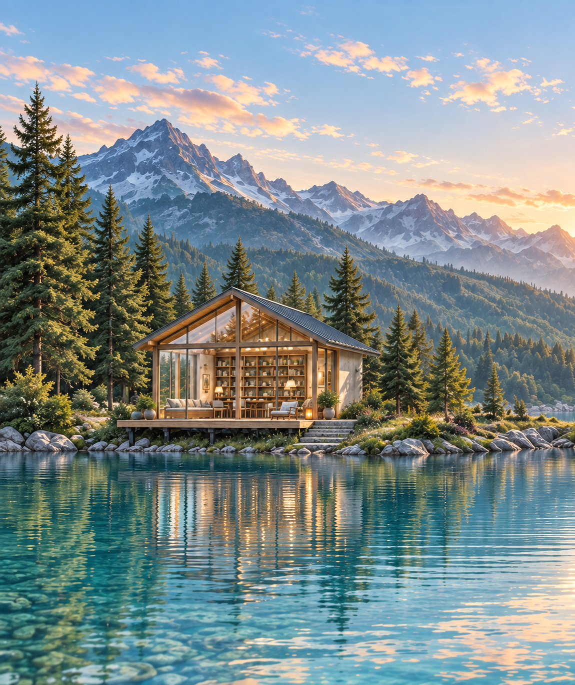 A sunlit reading house on the shore of an alpine lake