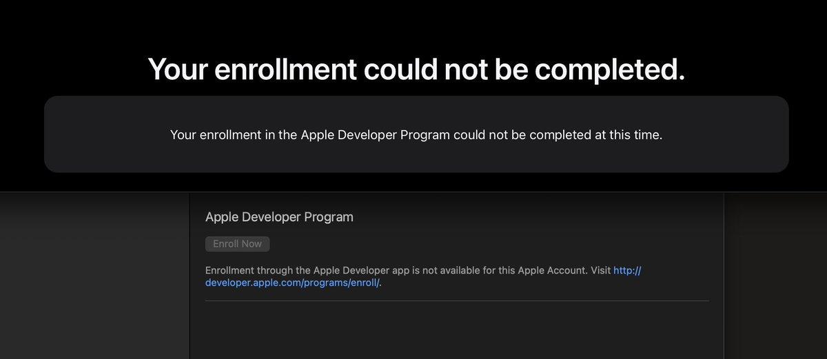 Apple Developer Program screen showing 'Your enrollment could not be completed'