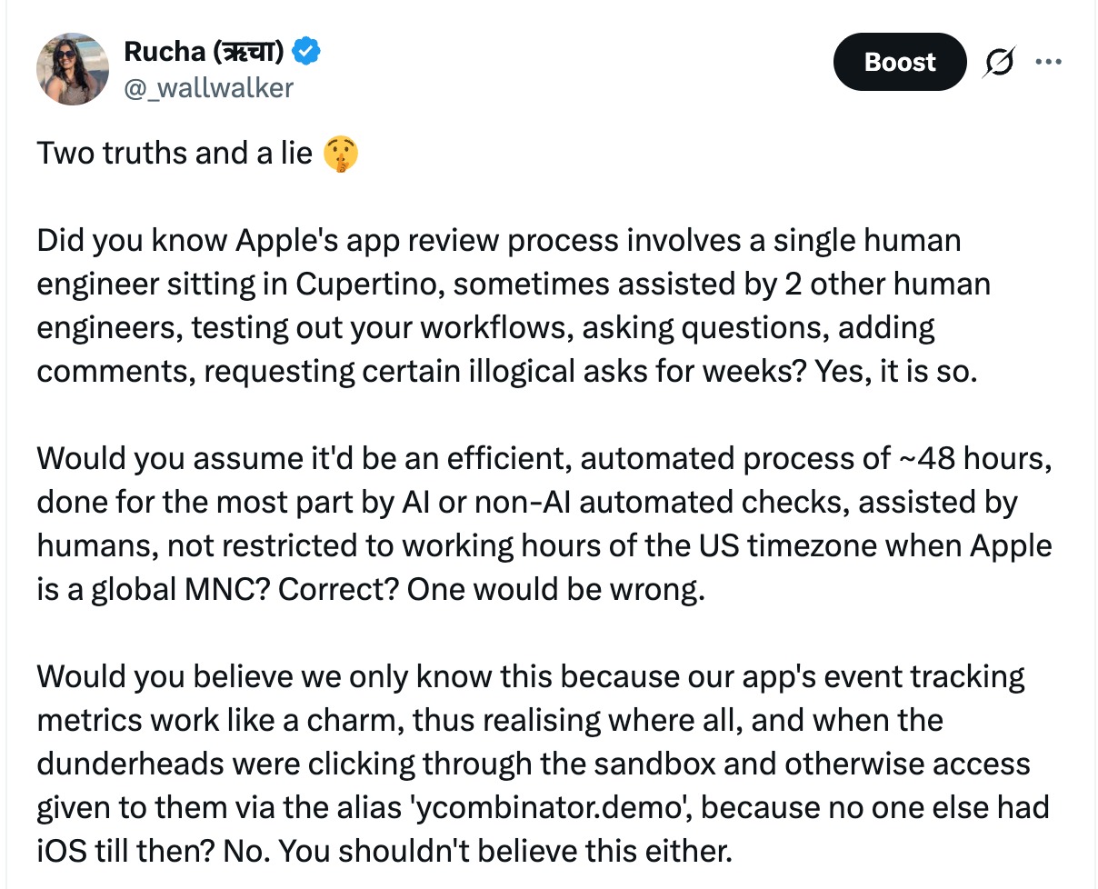 Post about Apple's manual, slow app review process being handled by a handful of human engineers instead of an automated pipeline