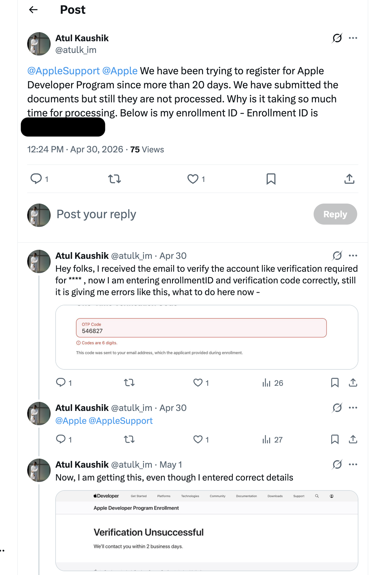 X (Twitter) thread tagging Apple Support about repeated enrollment verification errors