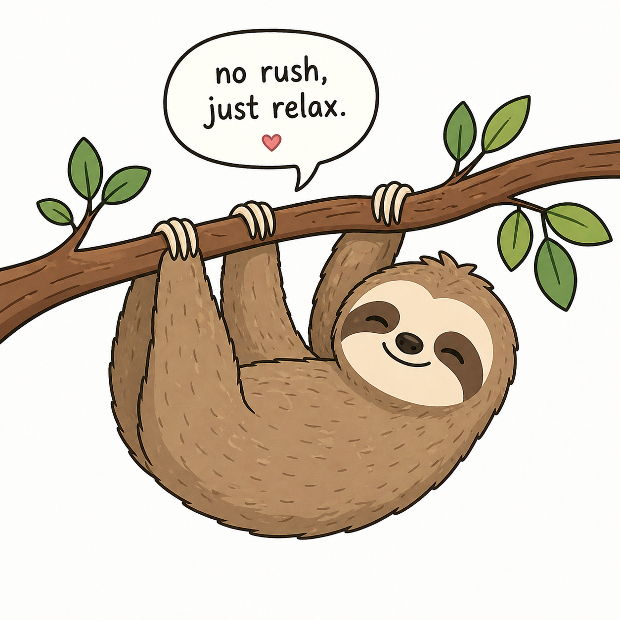 Sloth hanging on a branch saying no rush, just relax.